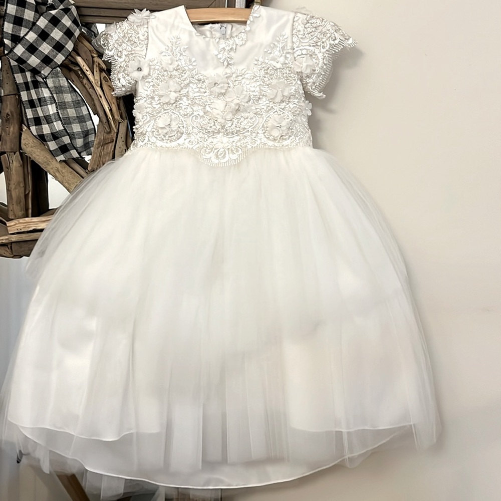 White Tulle tiered lace appliqué dress